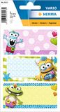 HERMA 5513 Boeketiketten om te beschrijven, kleine monsters, 9 stuks, 76 x 35 mm, zelfklevend, gelinieerd, boekenstickers voor school, kinderen, meisjes en jongens, veelkleurige nistetiketten,