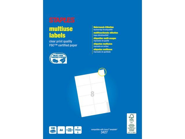 Staples Multifunctionele Etiketten Permanent, Rechthoekig, 105 x 74 mm, 8 Etiketten per vel, Wit