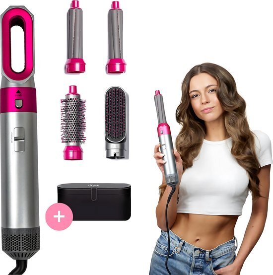 Dryze airwrap grey/pink edition - Hairwrap - Fohnbosrtel - Styling - Airstyler - Krultang - Multistyler - Inclusief leren opbergdoos