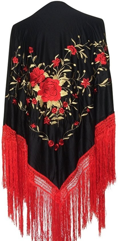 Spaansejurk NL Spaanse manton - omslagdoek - zwart rood goud Large met rode franjes bij verkleedkleding of Flamenco jurk