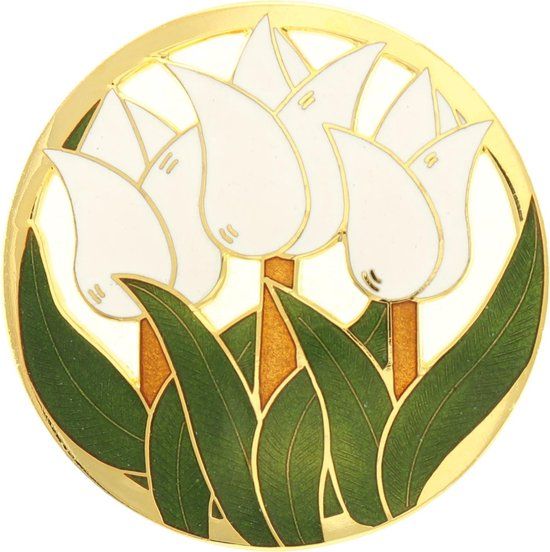 Behave® Dames broche rond bloem tulpen wit - emaille sierspeld - sjaalspeld