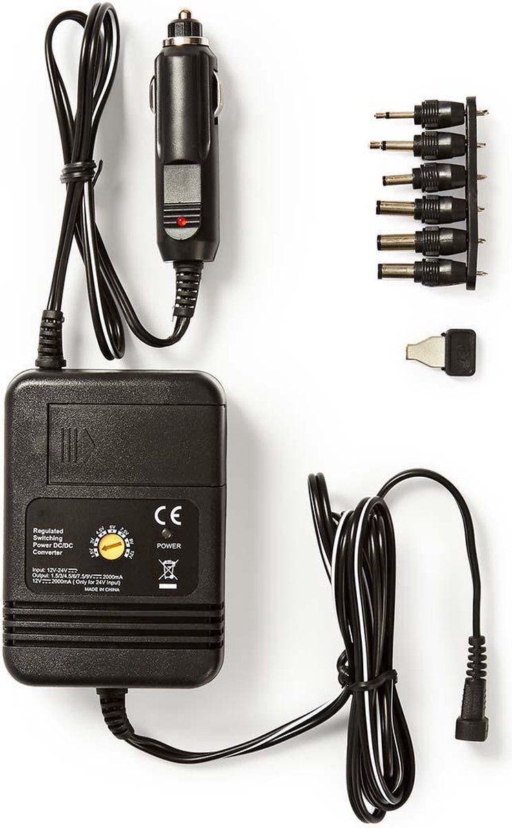 Allteq DC Adapter - 6x DC-plug - 12/24 V in - 2000 mA - 1.5/3/4.5/6/7.5/9/12 V uit - Zwart