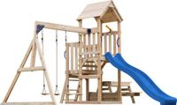 AXI Mette Speeltoestel met Dubbele Schommel Bruin – Blauwe Glijbaan – Zandbak en Picknicktafel – Telescoop - FSC hout - Speelhuis op palen voor de tuin