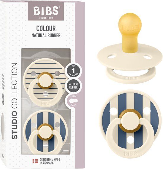 BIBS Colour Studio Speen verpakking van 2 stuks. BPA-vrij, Ronde speen. Natuurlijk rubberlatex, Gemaakt in Denemarken, Maat 1 (0-6 maanden), Pin Ivory Steel Blue