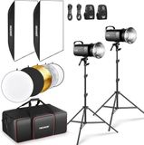 NEEWER S102-400W PRO Flash Set (2 stuks) met 2 x 2,4G trigger, 2 x foto-lichtstatief, 2 x softbox, 5-in-1 reflector, tas, 400Ws GN62 5600K 30W LED instellamp, Bowens Mount stille ventilator