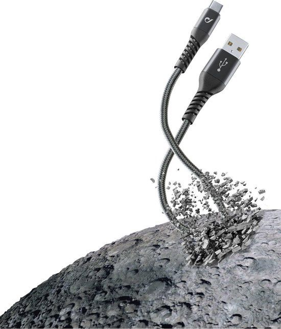 Cellularline - Kevlar USB-A naar USB-C kabel, 2m, Zwart