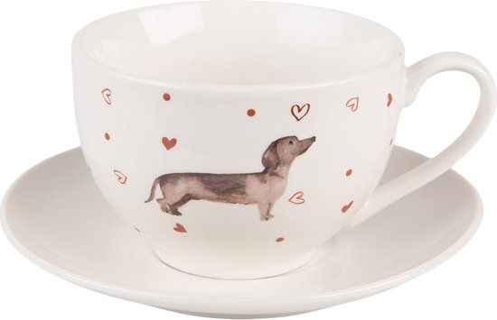 Clayre & Eef Kop en Schotel 200 ml Beige Bruin Porselein Teckel