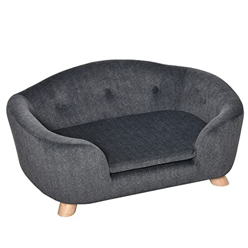 Pawhut Huisdiersofa hondenmat hondenbed hondenbank kattenbank met kussen rugtas pluche schuim grenenhout donkergrijs 70 x 47 x 30 cm