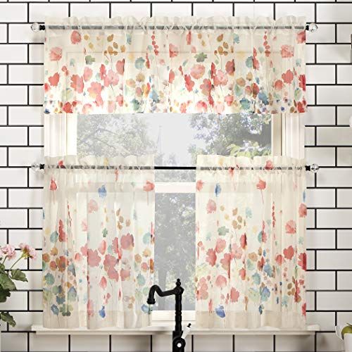 No. 918 Rosalind Floral Watercolor Kitchen Curtain Set - 54" x 36" - Poppy Red