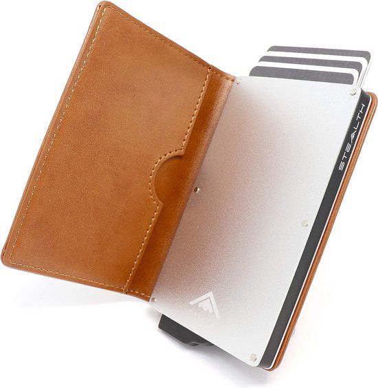 Stealth Wallet Minimalistische kaarthouder - Veilige pop-up portemonnee met geschenkdoos - Slanke creditcardhouder met contactloze bescherming (zilver aluminium/bruin)