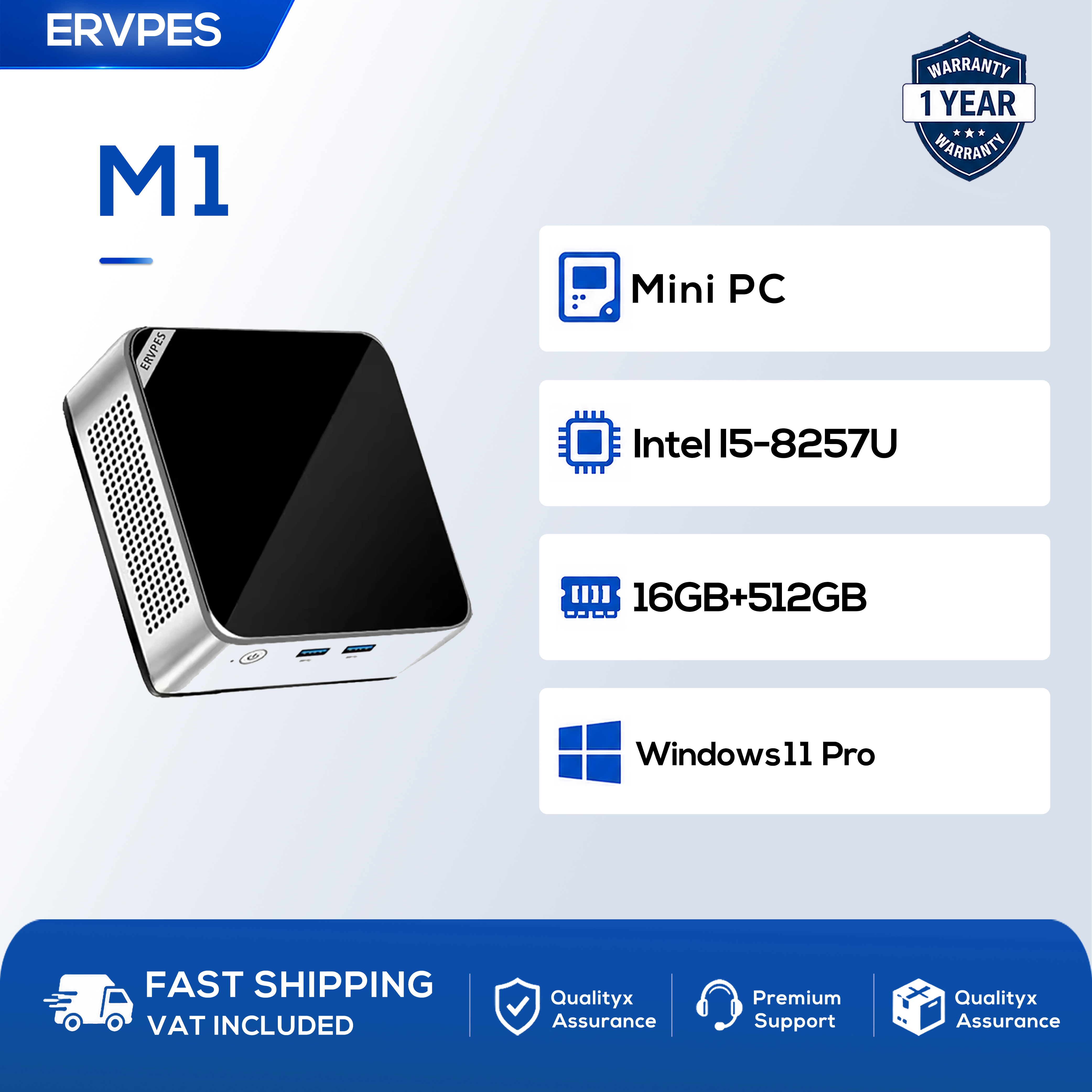 Ervpes M1 Mini PC Intel Core I5-8257U 4 Cores 8 Threads DDR4 8GB/16GB RAM 256GB/512GB M.2 SSD Windows 11 Pro Wifi 6 BT5.3 2.5G Ethernet 4K Dual Display Mini Desktop Computer