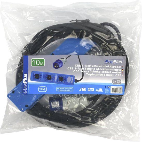 ProPlus Stekkerdoos - CEE naar 3x Schuko - 10 meter - Blauw/Zwart