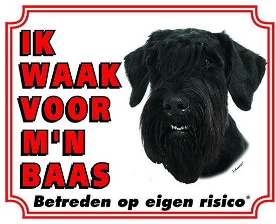 Stickerkoning Schnauzer Waakbord - Ik waak voor mijn baas Zwart