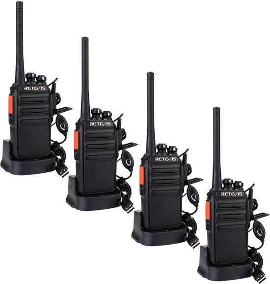 Retevis RT24 Vergunningsvrije Portofoon 16 Kanalen PMR446 Walkie Talkies CTCSS/DCS VOX Oplaadbaar Walkie Talkie met Headset en USB-laadstation (4 Paar, Zwart)