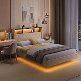 Bealife AF19 Bedframe - 140x200 cm - Gestoffeerd Tweepersoonsbed met LED-verlichting, stopcontacten, USB & Type-C Poorten en Opbergruimte - Zwevend design - Beige