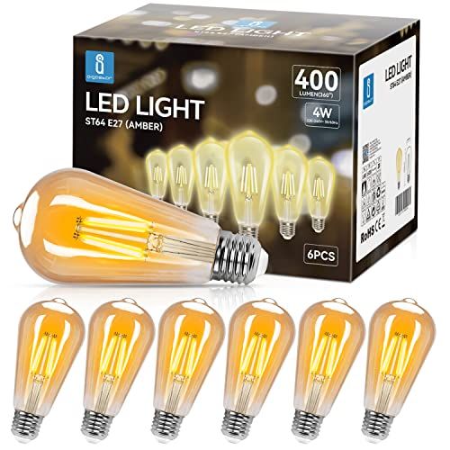 Aigostar Vintage Edison Gloeilampen 6Pack, E27 4W (40W Equivalent) Gloeilampen, 2200K Warm Witte Retro Gloeilampen, Perfect Voor Huizen, Bars, Coffeeshops, Binnenplaats, Ect