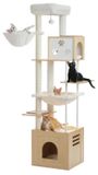 Poteau griffoir en bois pour chats - Tour d'escalade XL 190 cm - Niches et hamacs extra larges - 5 niveaux - Tapis griffoir en sisal - Bol d'alimentation - Beige