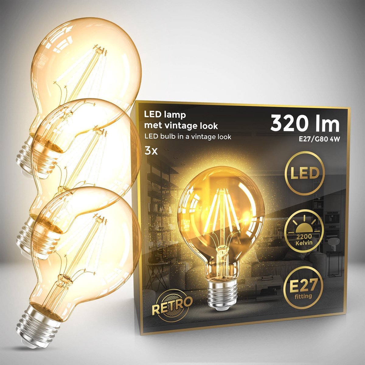 B.K.Licht - Led Lichtbron - filament - kooldraadlampen - globe - retro led lamp - E27 - G80 Edison - 2.200K - 4W - 320lm - amber kleur - set van 3