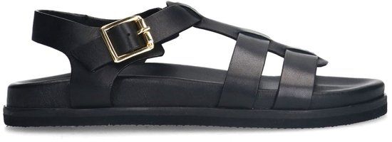 Manfield - Dames - Zwarte leren plateau sandalen met gespsluiting - Maat 41