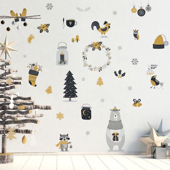 Ambiance Sticker Scandinavische kerststickers met dieren - Zelfklevende kerststickers - Feestelijke decoraties - 40x55cm