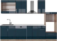 Vicco Fame-Line Complete keukeneenheid – 300 cm met hoge kast, WB Marmer Donkerblauw hoogglans/gouden eik