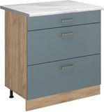Vicco Keukenonderkast R-Line, Blauw-grijs/Goudkleurig Eiken, 80 cm met 3 laden marmer werkblad