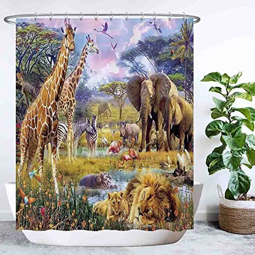 Ulticool Douchegordijn, safari, olifant, dier giraffen, 180 x 200 cm, wasbaar, schimmelwerend, met 12 ringen, groen-bruin