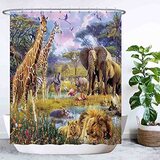 Ulticool Douchegordijn safari olifant giraffen 180 x 200 cm - groen/bruin