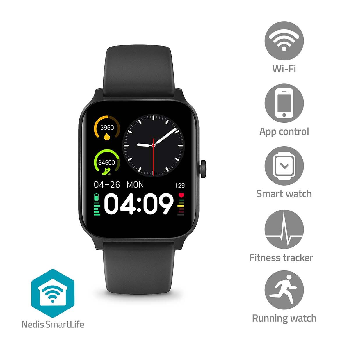 Nedis SmartLife Smartwatch - 1.69" LCD - IP68 - 240 uur batterijduur - Android/iOS - Zwart