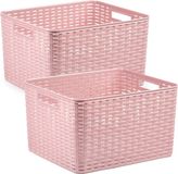 PLASTICFORTE 3x stuks rotan gevlochten opbergmand/opbergbox kunststof - Oud roze - 34 x 40 x 23 cm