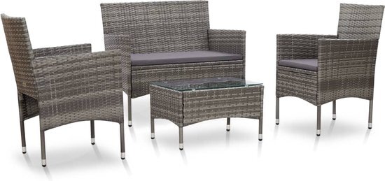 vidaXL 4-delige Loungeset met kussens poly rattan grijs