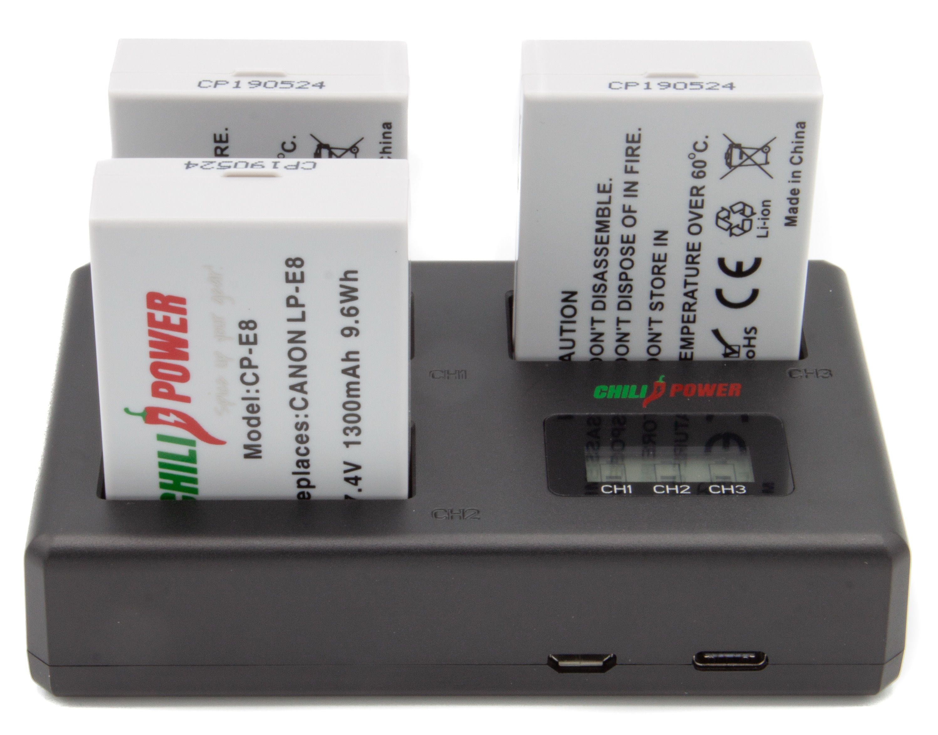 ChiliPower Canon Accu LP-E8 Kit Deluxe - 3 accu's + Triple lader