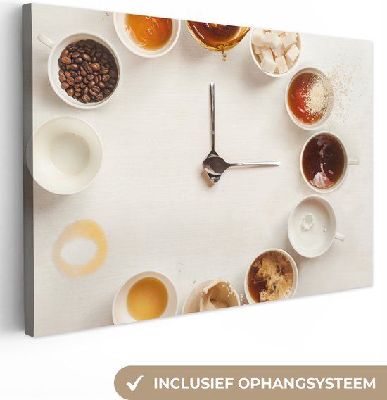 OneMillionCanvasses Canvas schilderij - Klok - Koffie - Drinken - Suiker - 150x100 cm