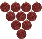 Decoris Kerstbal - 10x - rood - glitter - D8 cm - kunststof