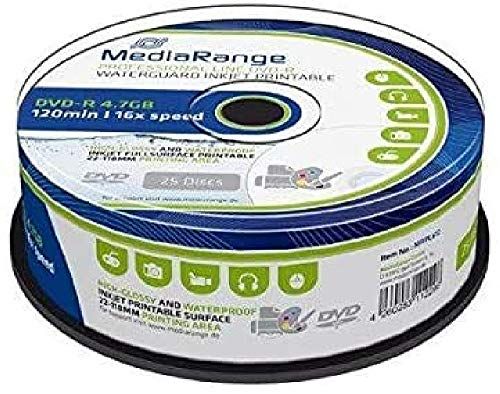 MediaRange DVD-R 4.7 GB 16x speed, Inkjet Fullsurface Printable, Waterguard, High-Glossy and Wide Sputtered, Cake 25 White