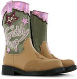 Shoesme Cognac Cowboylaars - Laarzen Kinderen - Meisjes - Cognac Green Pink - Microfiber leer - Maat 33