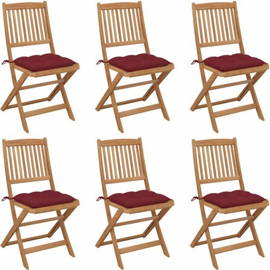 vidaXL Opklapbare Tuinstoelen met Kussens Massief Acaciahout Wijnrood (6 stuks)