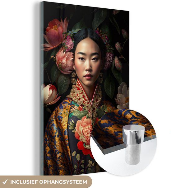 MuchoWow Glass Painting Woman - Flowers - Kimono - Roses - Asian - 120x180 cm