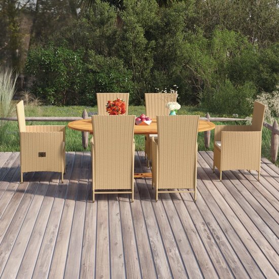 The Living Store Tuinset Acaciahout - Eettafel 150-200x100x74cm - PE-rattan Stoelen - Verstelbare Rugleuning - Beige - Crèmewit kussen