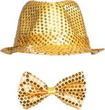 Boland Party carnaval verkleed set - hoedje en vlinderstrikje - Goud glitters - Verkleedkleding voor volwassenen