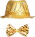 Boland Party carnaval verkleed set - hoedje en vlinderstrikje - Goud glitters - Verkleedkleding voor volwassenen