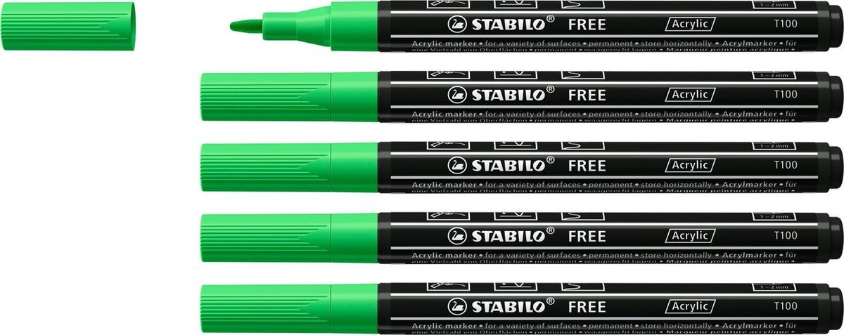 Stabilo FREE - Acryl Marker - T100 - Ronde Punt - 1-2 mm - Loof Groen - Doos 5 stuks