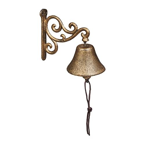 Relaxdays deurbel gietijzer, vintage tuinbel, antieke muurbel met koord, voor huisdeur of tuin, buitenbel, goud