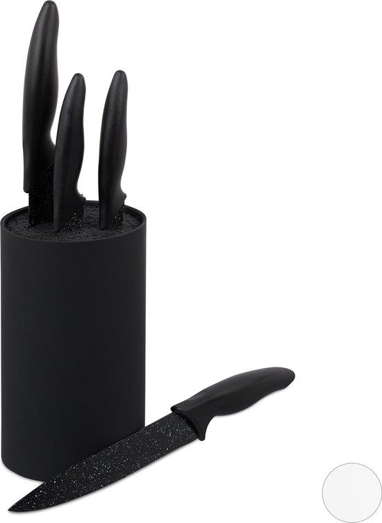 Leeg messenblok met borstels - voor 8 messen - zwart - 18 x 11 cm