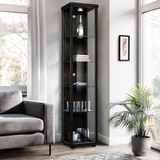 K-Möbel Vitrinekast met glas staand met 1 deur, 4 in hoogte verstelbare glasplanken - Vitrinekast met led verlichting - 176x37x33 cm - Zwart