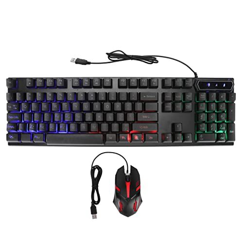 PUSOKEI Gamingtoetsenbord en Muiscombinatie Ergonomisch 104 Toetsen Bedraad USB LED-achtergrondverlichting Zeven Kleuren PC-toetsenbord, Snel Reagerend Toetsenbord,(D280 pak woord transparant zwart)