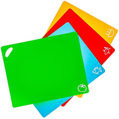Axer Flexibele Kunststof Snijplank Set - 4 Stuks Keuken Gekleurde Snijmatten met Voedsel Pictogrammen - Kleurgecodeerde BPA-vrij Niet Poreus Vaatwasmachinebestendig