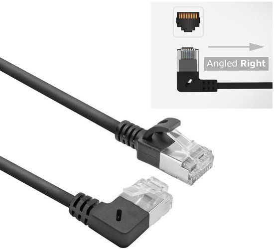 ACT Zwarte 5 m U/FTP CAT6A LSZH Slimline patchkabel met RJ45 connectoren recht naar 90° haaks rechts DA2905