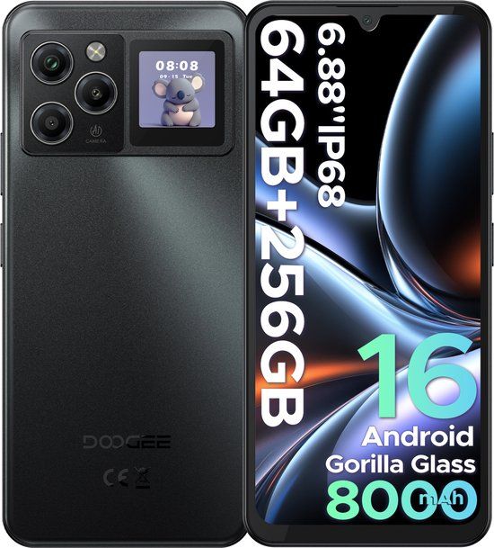 DOOGEE M30 Pro - Smartphone - 64GB RAM(8+56GB) + 256GB ROM(2TB/TF) - 6,88 Inch HD+ 120Hz - IP68 - Android 16 - 8000mAh/33W - 1,3" Subscreen - 64MP drievoudige camera - NFC - Vingerafdruk - Face ID - Zwart