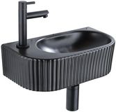QeramiQ Fuente Fonteinset - 40x21.5x12cm - links - geribbeld - halfrond - 1 kraangat - keramiek - fonteinkraan zwart mat - afvoerplug - verlaagd sifon - zwart mat